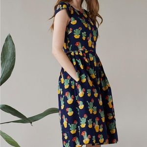Emily and Fin ModCloth Retro Blooming cactus Claudia dress in navy blue